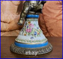 EXQUISITE PAIR Wong Lee BRONZED GILT METAL & CERAMIC PUTTI CHERUB CANDLESTICKS