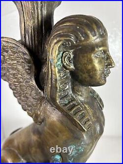 Egyptian Revival SPHINX Bronze Brass Chamberstick Candlestick Holder Vintage