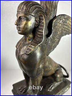 Egyptian Revival SPHINX Bronze Brass Chamberstick Candlestick Holder Vintage