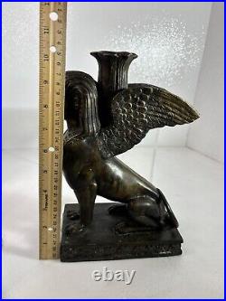 Egyptian Revival SPHINX Bronze Brass Chamberstick Candlestick Holder Vintage