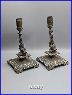 Exquisite Pair of Antique Brass Cobra Candlesticks, Vintage Serpent Candleholders