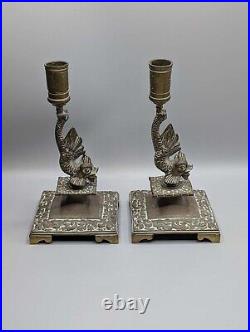 Exquisite Pair of Antique Brass Cobra Candlesticks, Vintage Serpent Candleholders