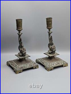 Exquisite Pair of Antique Brass Cobra Candlesticks, Vintage Serpent Candleholders