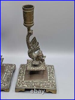 Exquisite Pair of Antique Brass Cobra Candlesticks, Vintage Serpent Candleholders