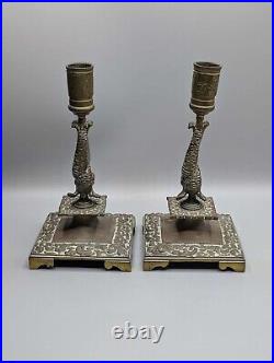 Exquisite Pair of Antique Brass Cobra Candlesticks, Vintage Serpent Candleholders