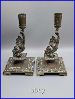 Exquisite Pair of Antique Brass Cobra Candlesticks, Vintage Serpent Candleholders