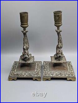 Exquisite Pair of Antique Brass Cobra Candlesticks, Vintage Serpent Candleholders