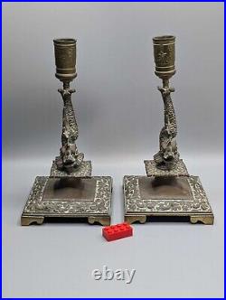 Exquisite Pair of Antique Brass Cobra Candlesticks, Vintage Serpent Candleholders