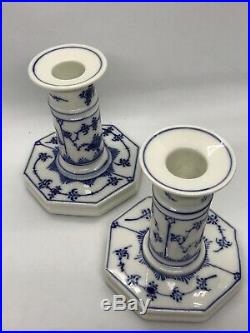 FAB! VTG Royal Copenhagen Blue Fluted Pair #3303 Candle Stick Holders w Candles