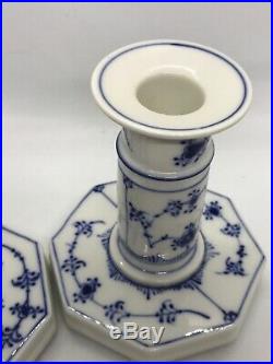 FAB! VTG Royal Copenhagen Blue Fluted Pair #3303 Candle Stick Holders w Candles
