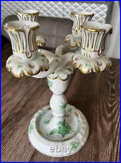 FINE VINTAGE HEREND HUNGARY PORCELAIN Green bouquet 4 Candle Holder Candlestick