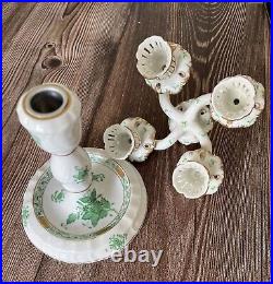 FINE VINTAGE HEREND HUNGARY PORCELAIN Green bouquet 4 Candle Holder Candlestick