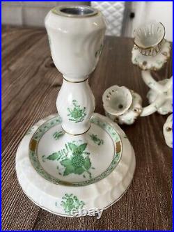 FINE VINTAGE HEREND HUNGARY PORCELAIN Green bouquet 4 Candle Holder Candlestick