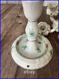 FINE VINTAGE HEREND HUNGARY PORCELAIN Green bouquet 4 Candle Holder Candlestick