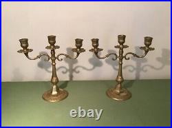 French vintage pair of solid brass triple candlestick holders