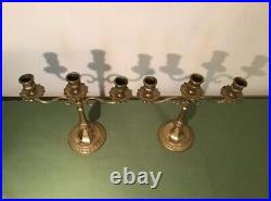 French vintage pair of solid brass triple candlestick holders