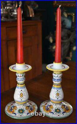 Gorgeous Vintage Hand Painted Deruta Pottery Italy Candlestick Pair