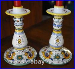 Gorgeous Vintage Hand Painted Deruta Pottery Italy Candlestick Pair