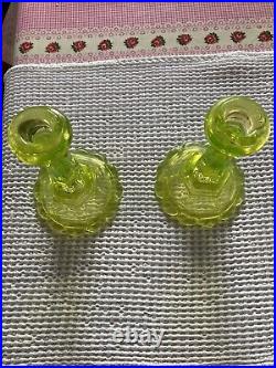 Green Glass Scalloped Edge Boho Vintage Pair Of Stylish Candle Holders