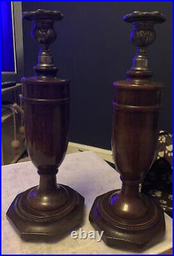 Handsome Vintage Pair of Vase Shape Wooden Candlesticks with Thistle Holders