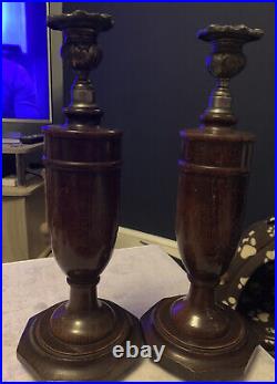 Handsome Vintage Pair of Vase Shape Wooden Candlesticks with Thistle Holders