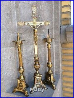 Huge Set Antique Vintage Church Altar Standing Cross Crucifix Candlesticks