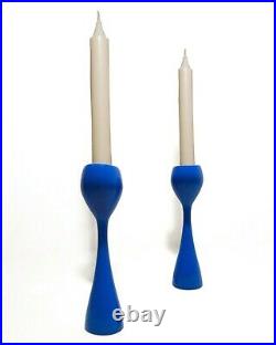 Illums Bolighus (denmark) Vint Turned Wood/brass Cobalt Blue Pair Candle Sticks