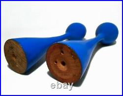Illums Bolighus (denmark) Vint Turned Wood/brass Cobalt Blue Pair Candle Sticks