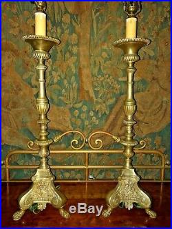 Impressive Pair Of 41 Tall Vintage Brass Column Banquet Candlestick Lamps