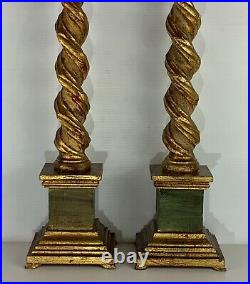 Italian vintage candlesticks carved wood with gold and paint decoration PAIR