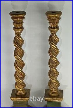 Italian vintage candlesticks carved wood with gold and paint decoration PAIR