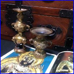 Japanese style candlestick incense burner lion Buddhist altar set vintage gold