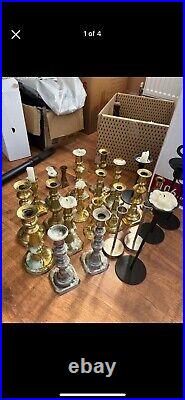 Job Lot Of 30 Antique Vintage Cast Brass Candlesticks with some matching pairs