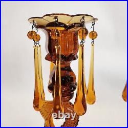Koi Fish Candlestick Holders Amber Glass Vintage 9.5H
