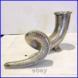 Large 13 Ram Horn Shofar Silver Metal Candle Holder Spiral Vintage Heavy