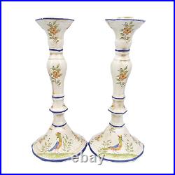 Large 30 cm Tall Vintage Pair of Ceramic Hand Painted Candlestick Holders, Bird