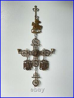 Large Original Bronze Byzantine Cross, Candle Pendant With Double-Headed Eagles