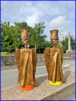 Large Pair Of Vintage 60's Mexican Paper Mache Angel Candlesticks Candle Holders