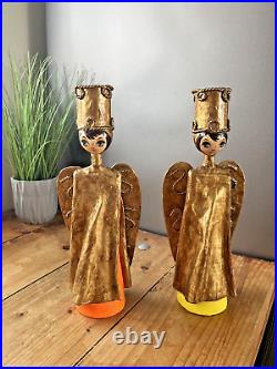 Large Pair Of Vintage 60's Mexican Paper Mache Angel Candlesticks Candle Holders