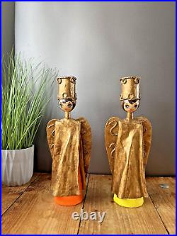 Large Pair Of Vintage 60's Mexican Paper Mache Angel Candlesticks Candle Holders