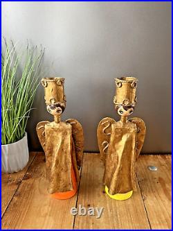 Large Pair Of Vintage 60's Mexican Paper Mache Angel Candlesticks Candle Holders