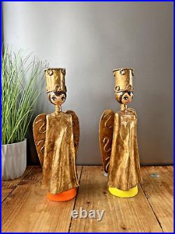 Large Pair Of Vintage 60's Mexican Paper Mache Angel Candlesticks Candle Holders