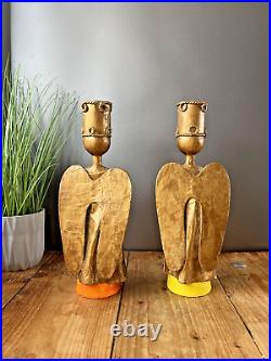 Large Pair Of Vintage 60's Mexican Paper Mache Angel Candlesticks Candle Holders