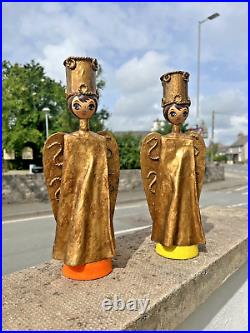 Large Pair Of Vintage 60's Mexican Paper Mache Angel Candlesticks Candle Holders