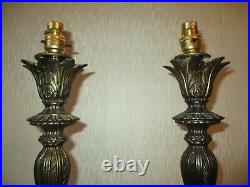 Large Pair Of Vintage Brass Church Alter Candlestick Lamps With Vintage Shades