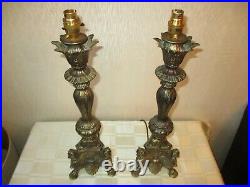 Large Pair Of Vintage Brass Church Alter Candlestick Lamps With Vintage Shades