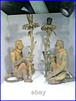 Large Pair Of Vintage Bronze Monkey Candlesticks