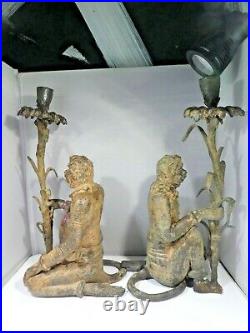 Large Pair Of Vintage Bronze Monkey Candlesticks