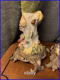 Large Stunning Pair Of Vintage Porcelain Parrot And Brass Candle Sticks