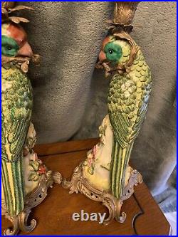 Large Stunning Pair Of Vintage Porcelain Parrot And Brass Candle Sticks